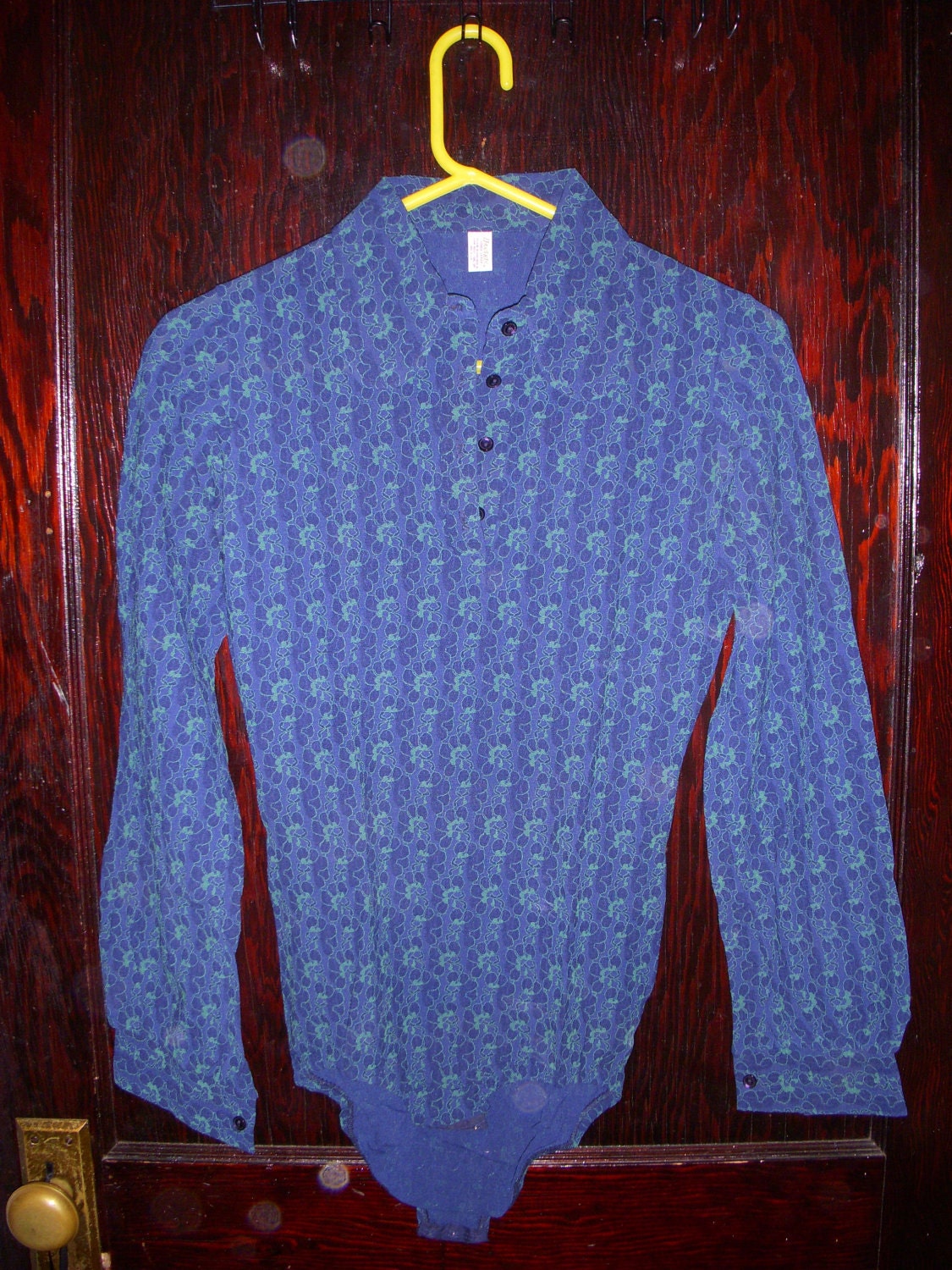 Vintage Never Worn Danskin Blue and Green Lace Leotard Peter Pan Collar Snap Closure Cuff Sleeves Size Large Womens 1970s