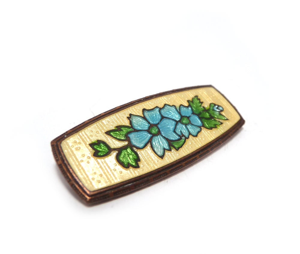 Victorian brooch - floral turn of the century enamel pin - aqua green yellow