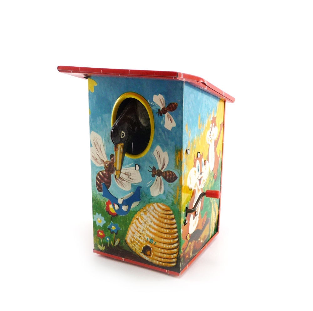 1940s LBZ tin birdhouse bank - original box tin toy - reconstitutions