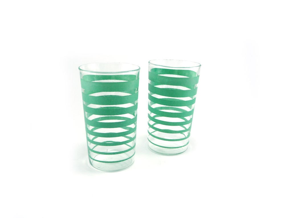 Pair of aqua striped vintage drinking glasses