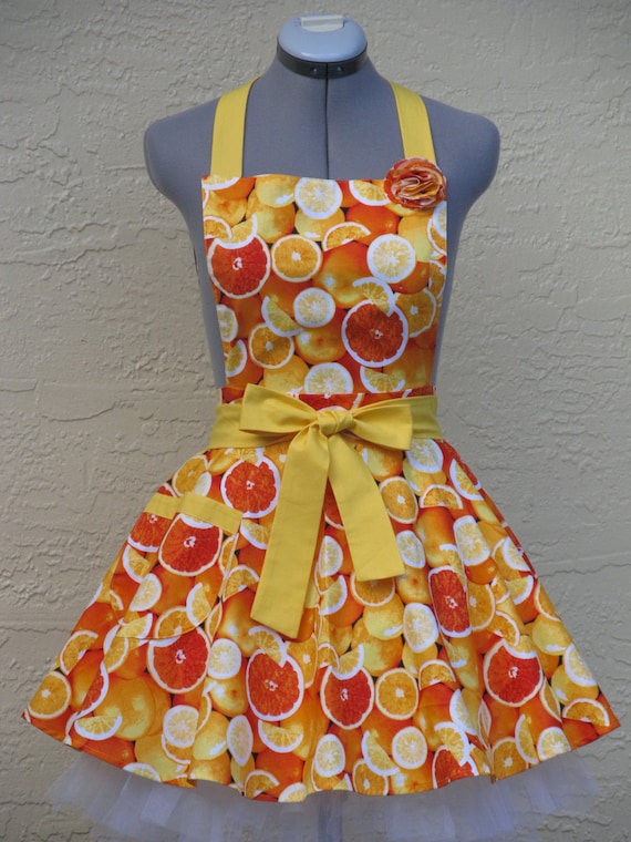 Ready to ship-Only One- Colorful Bright Oranges Apron- With a hint of Yellow Full of Twirl Flounce-Pin Up Style