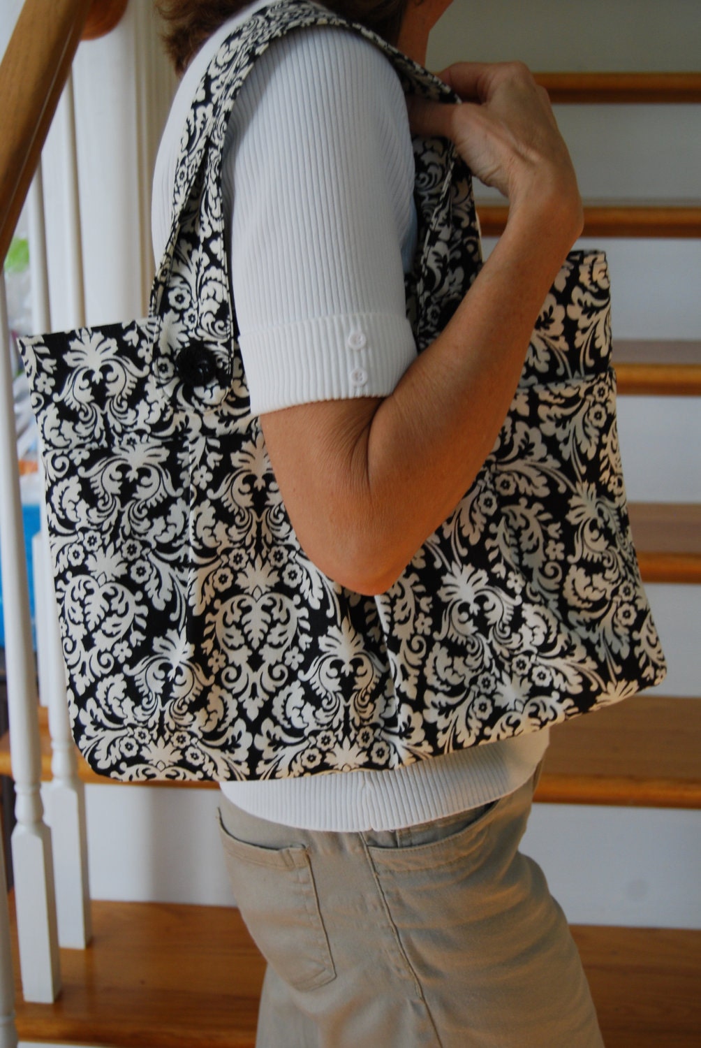 Black and Ivory Damask Purse with Matching Eye Glass Case and Pocket Tissue Holder