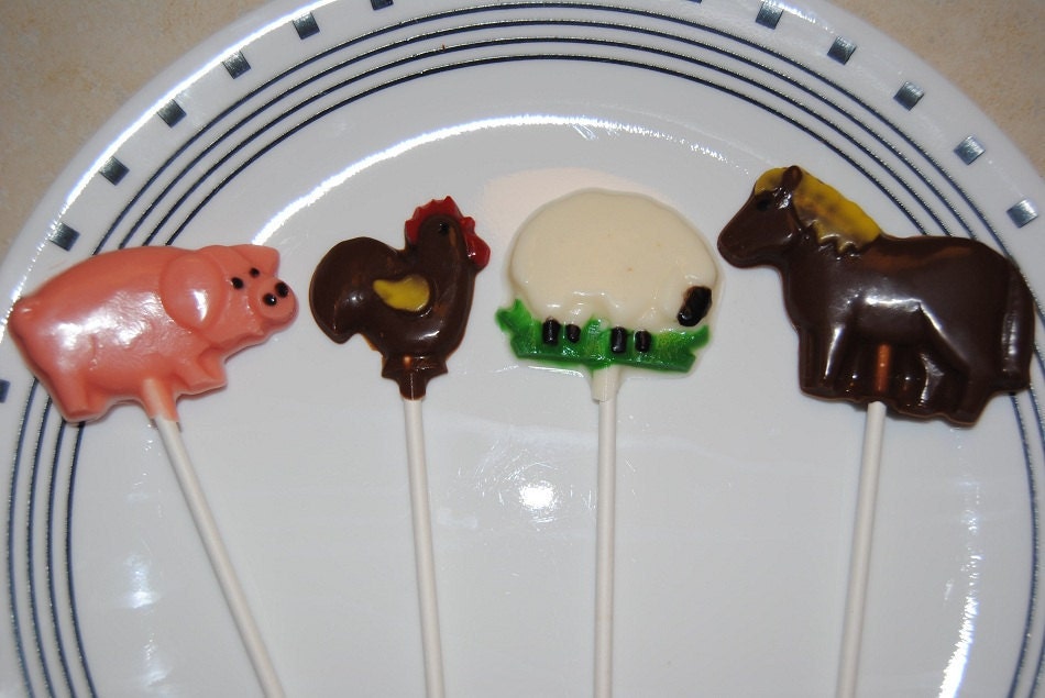 12 Chocolate Barnyard Cow, Horse, Pig, Sheep, And Rooster Lollipops