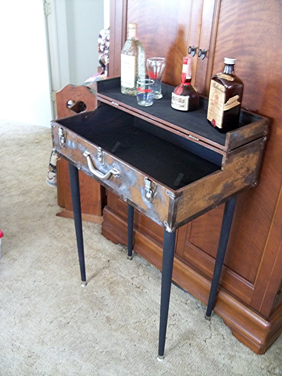 Dry Bar a RUSTic Industrial Storage Chest  TABLE Vintage Suitcase Trunk Distressed  Lounge Entryway Table