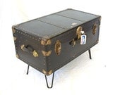 GREYHOUND COFFEE TaBLE Quality Luggage  w Eames Era Hair Pin Legs a Wardrobe Suitcase Distressed Upcycled and ReNeWeD