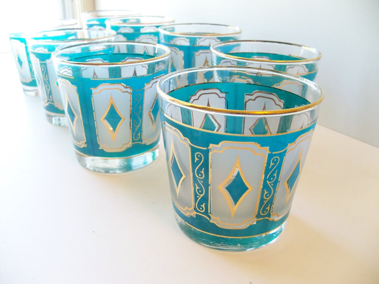 8 Barware Tumblers Gold RiM Aqua Color Mid Century Design  Vintage Estate