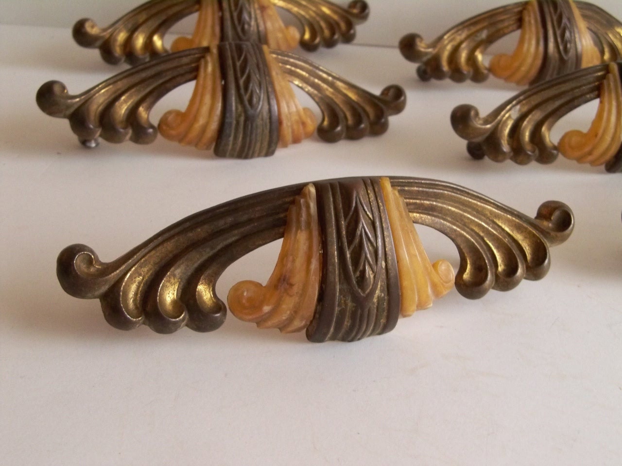 8 Antique Waterfall 1920's Dresser Drawer Pulls Art Deco Celluloid and BRASS Ornate Hardware