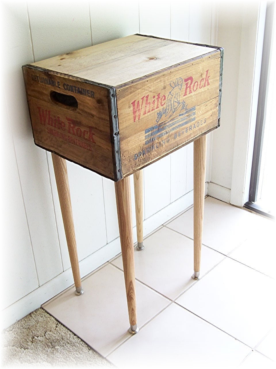 Shipping Crate Table 1930s 1940s WHITE ROCK Sparkling Beverages Box A repurposed distressed box upcycled renewed