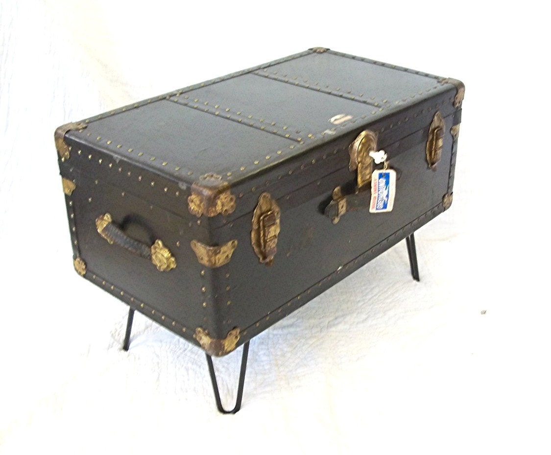 GREYHOUND COFFEE TaBLE Quality Luggage  w Eames Era Hair Pin Legs a Wardrobe Suitcase Distressed Upcycled and ReNeWeD
