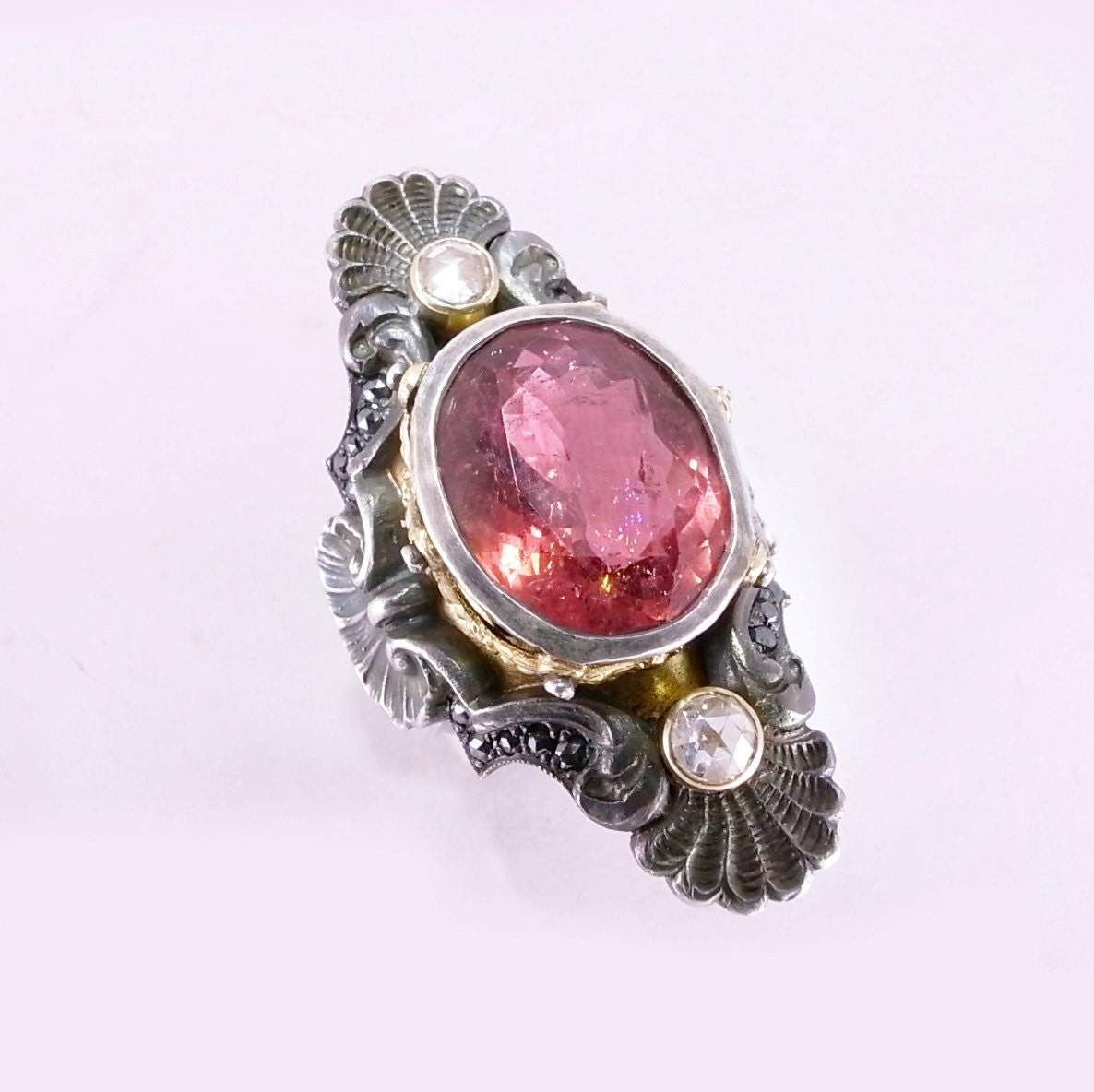 Rubelite Tourmaline and Diamond Medieval Ring in 18ct Gold and Sterling Silver