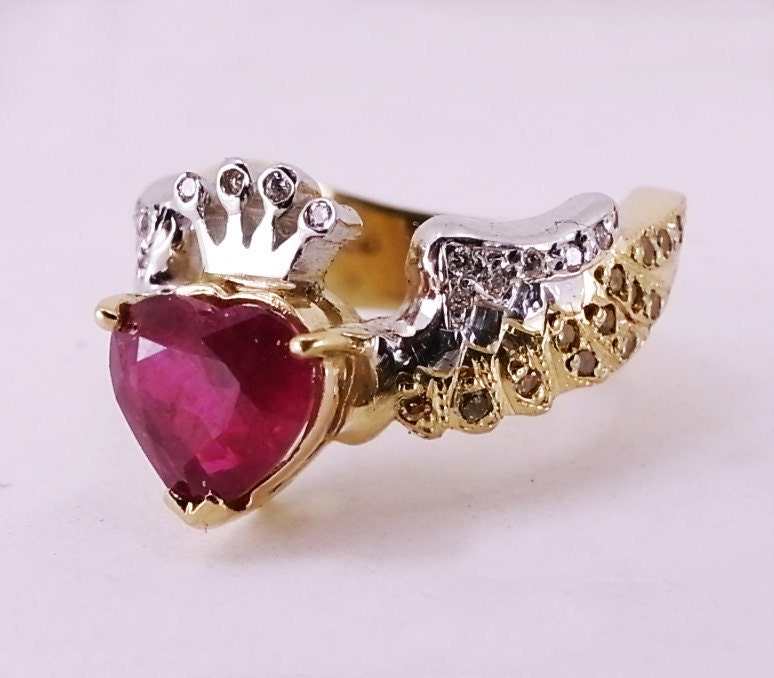 Ruby Heart with Diamond Crown and Wings Ring in 18ct Yellow Gold