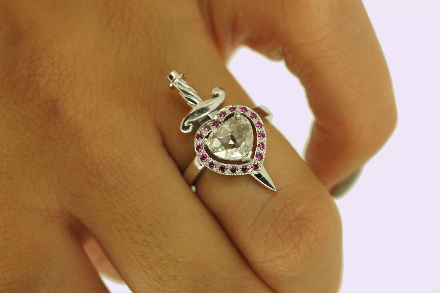 Diamond Heart and Ruby Dagger Ring in 18ct White Gold