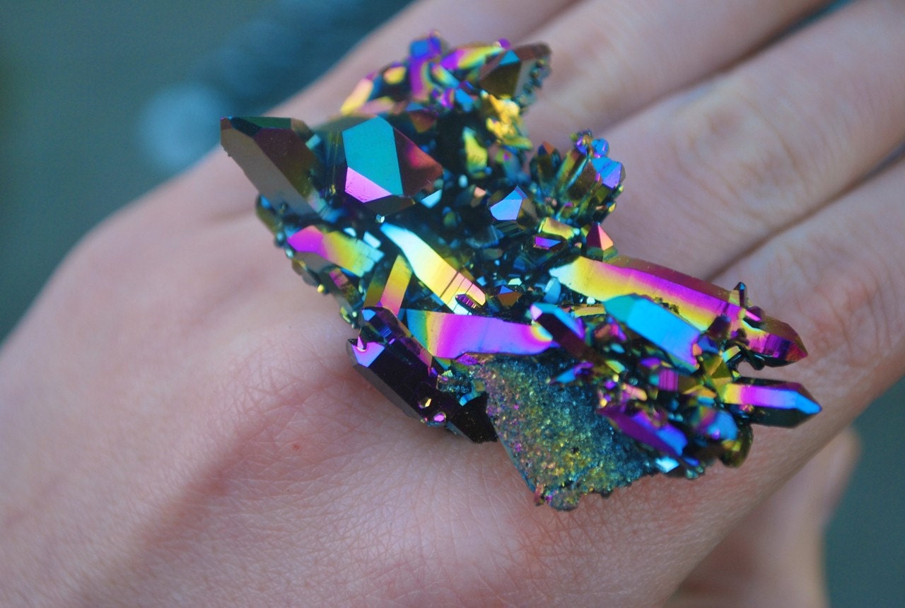 HOLOGRAPHIC SPACESHIP Angel Aura RAINBOW Titanium Quartz Cluster Nebula Ring