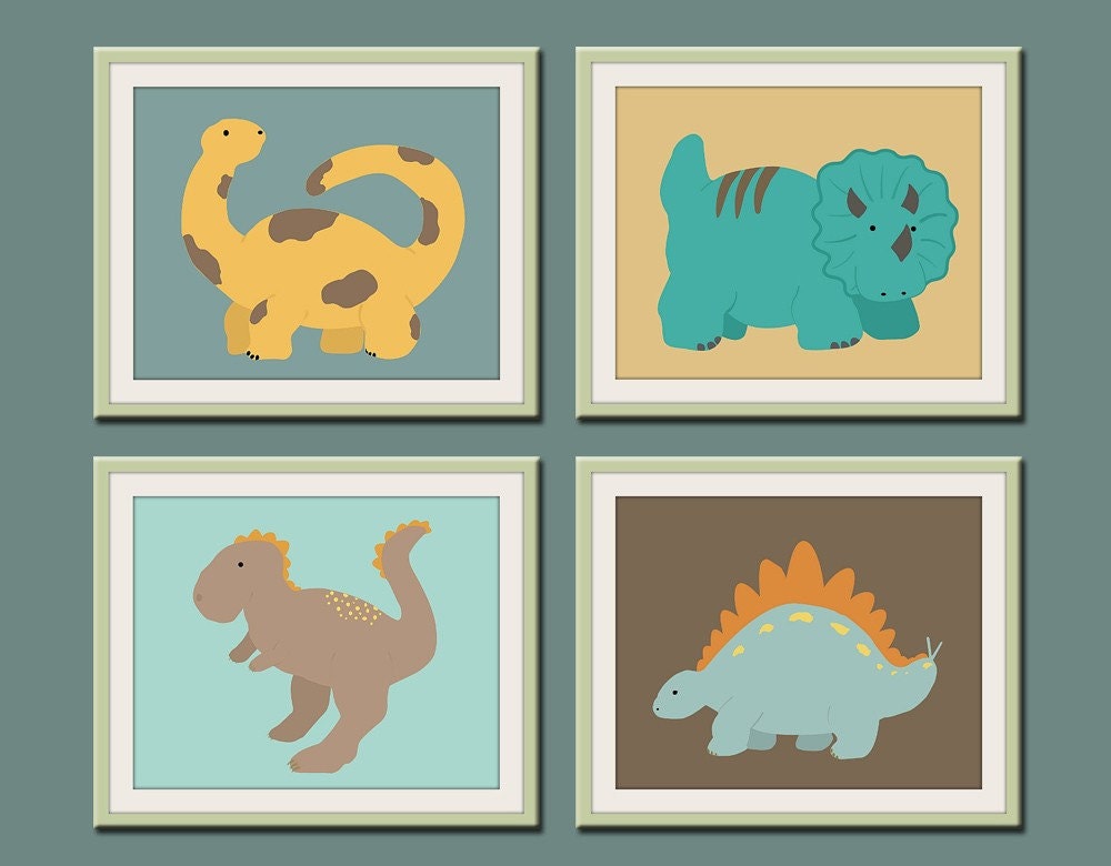 Dinosaur Wall Art for nursery.  Four 8x10 modern prints in blue and brown and orange for boys rooms, kids playrooms, child & baby.