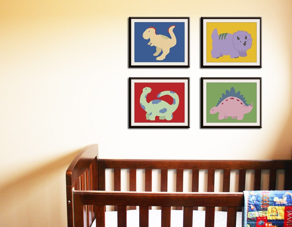Dinosaur CUSTOM Prints for nursery. Four 8x10 modern prints in red primar colors for boys rooms and kids playrooms. CUSTOMIZE your colors