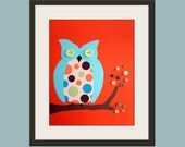 Retro Owls nursery art orange. 8x10 print for baby. Modern retro decor artwork owls in tree theme for child kids boys girls room