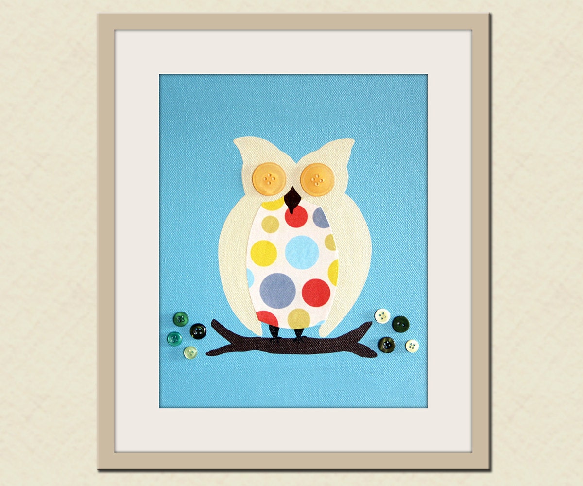 Owl nursery art. 8x10 print for baby. Modern decor artwork owls in tree theme for child kids boys and girls room. Bue polka dots