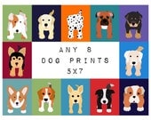 Dog Prints. Dog nursery art prints. Any 8 Custom modern 5x7 puppy pictures from paintings for kids, baby and child room decor by WallFry