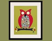 Owl picture nursery art. 8x10 print for baby. Modern olive green & red artwork owls in tree theme for child kids boys girls room