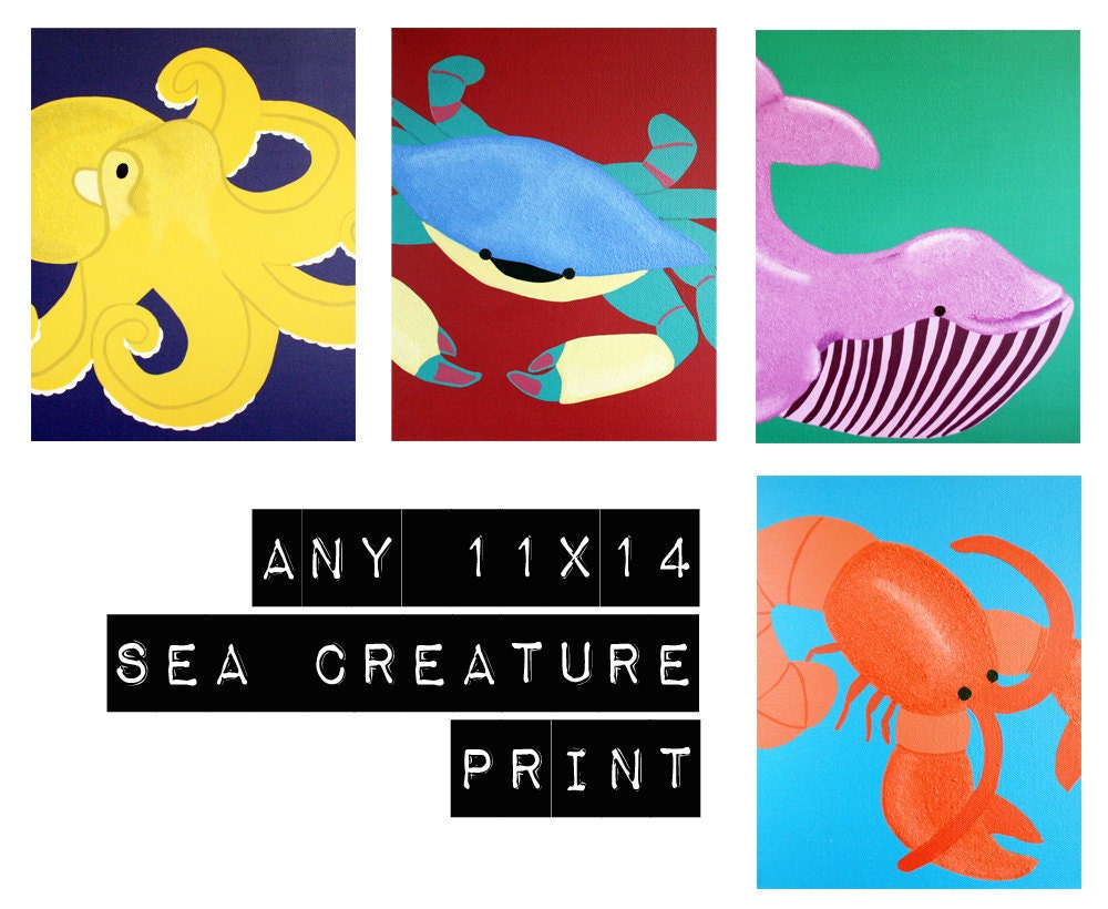 Bathroom prints, nursery art sea creature prints. Any one 11x14 underwater themed nursery artwork beach ocean sea life