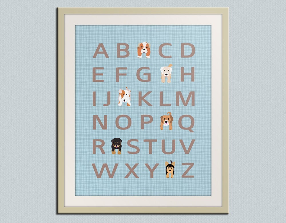 Dog alphabet nursery art for children. Typography alphabet print, dog art print for kids. Nursery decor, kids decor, 8x10 ABC print