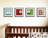 Owls for boys & girls owl nursery art. Set of 4 - 8x8 (or 8x10) owl prints in trees for kids rooms and playrooms