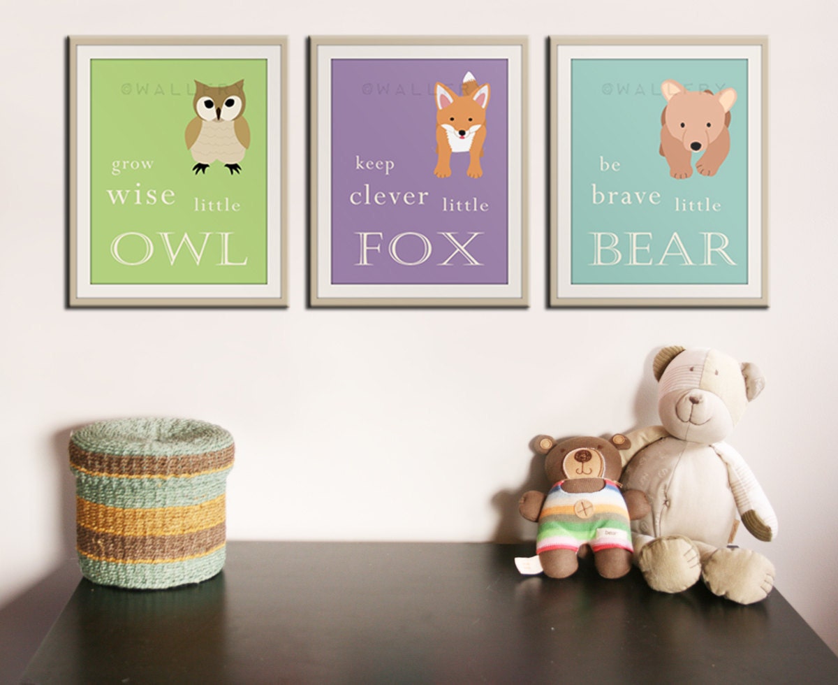Baby nursery art prints. Inspiration typography prints. Woodland nursery decor. Owl Nursery wall art. 3 8x10 kids decor artwork by WallFry