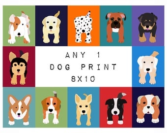 Nursery Art dog print for baby, artwork child 8x10. Any Dog picture in blue for kids room decor from painting
