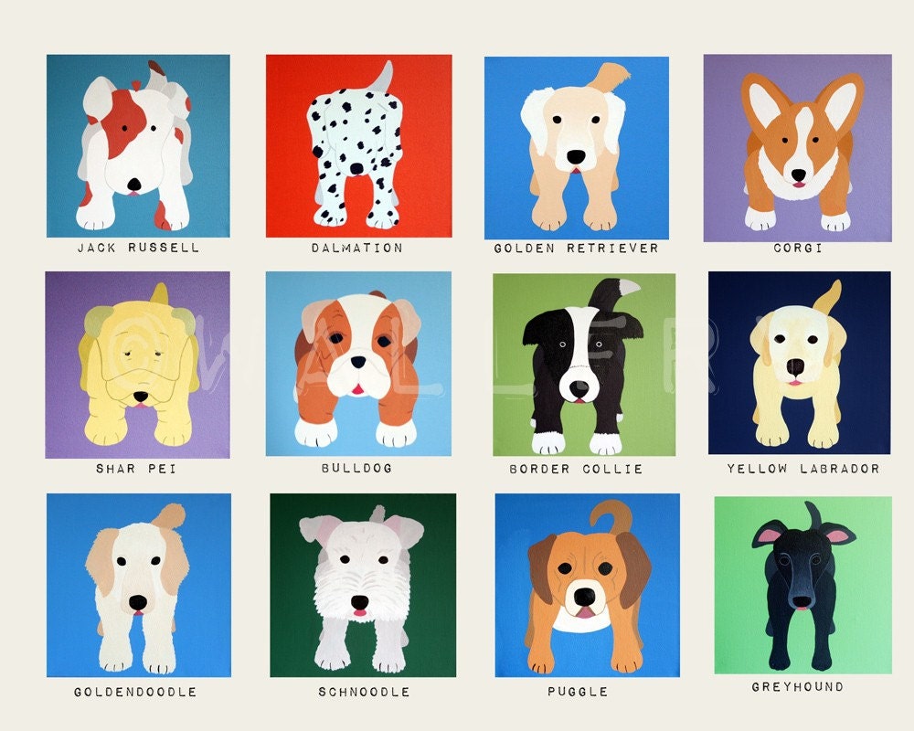 Dog wall prints. Puppy dog themed nursery wall art. 8x10 dog print artwork. Baby nursery art for kids decor. Nursery decor