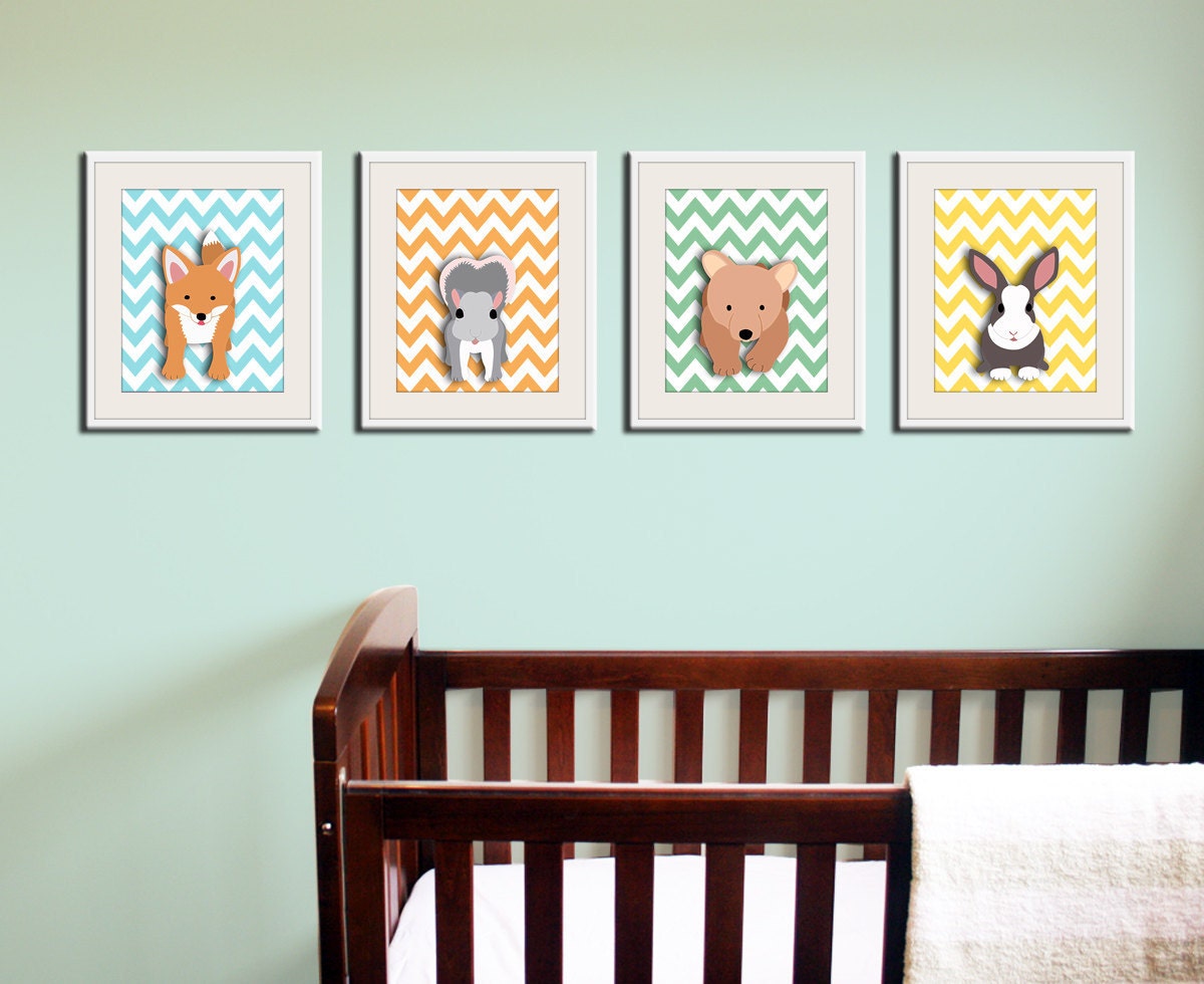 Woodland nursery art. 4 chevron prints of forest animal critters 11x14 print by WallFry Fox, bear cub, rabbit chevron woodland.