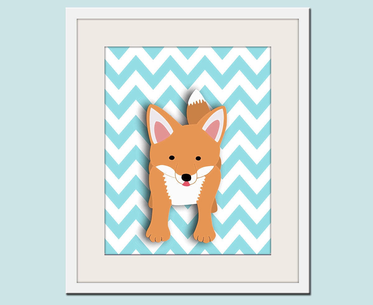 Fox chevron nursery artwork print. 11x14 Woodland forest animals, friends & critters art picture for baby and kids playroom