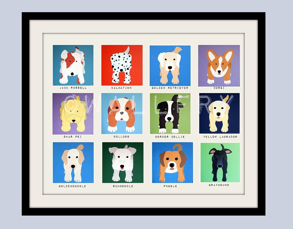 Cute dog wall prints. Dog nursery pictures kids wall art, kids decor. 11x14 dog print Nursery decor dog lovers Art for children by WallFry