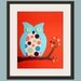 Retro Owls nursery art orange. 8x10 print for baby. Modern retro decor artwork owls in tree theme for child kids boys girls room