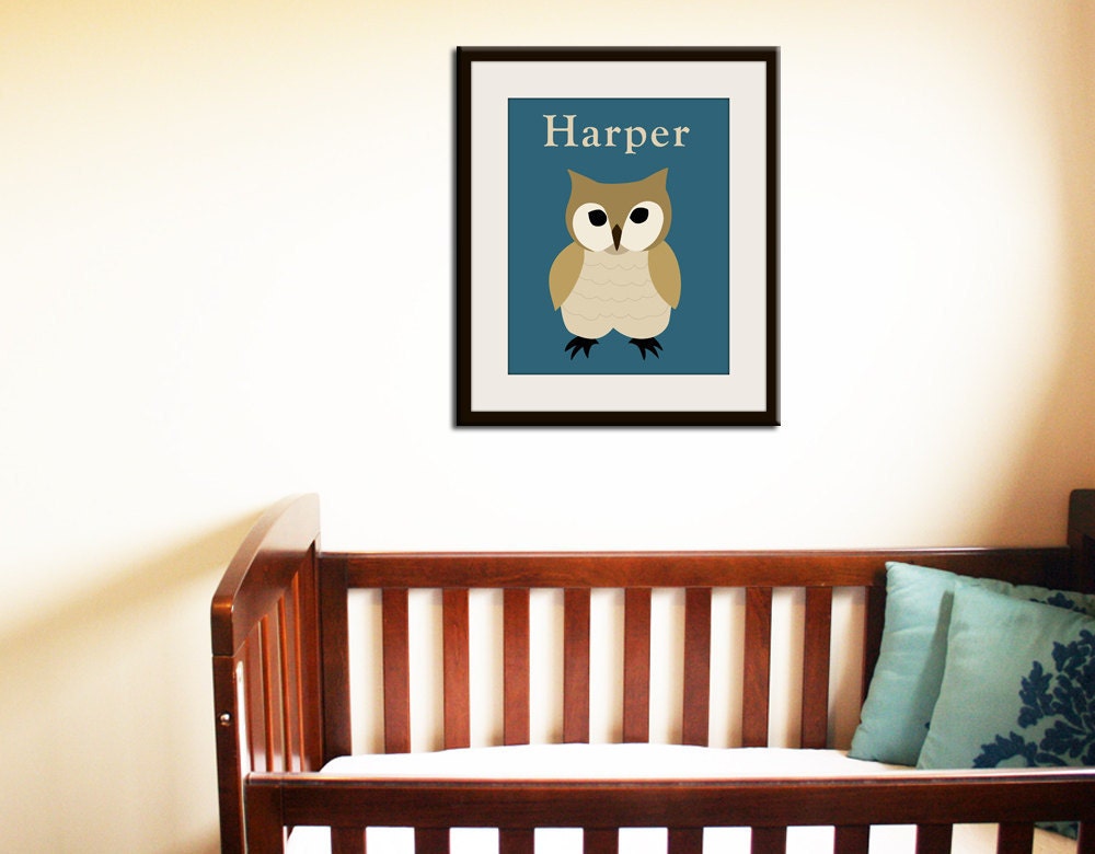 Personalized Owl nursery art print forest animals prints. 11x14 Nursery artwork woodland animal. Owl teal  turquoise custom autumn colors.