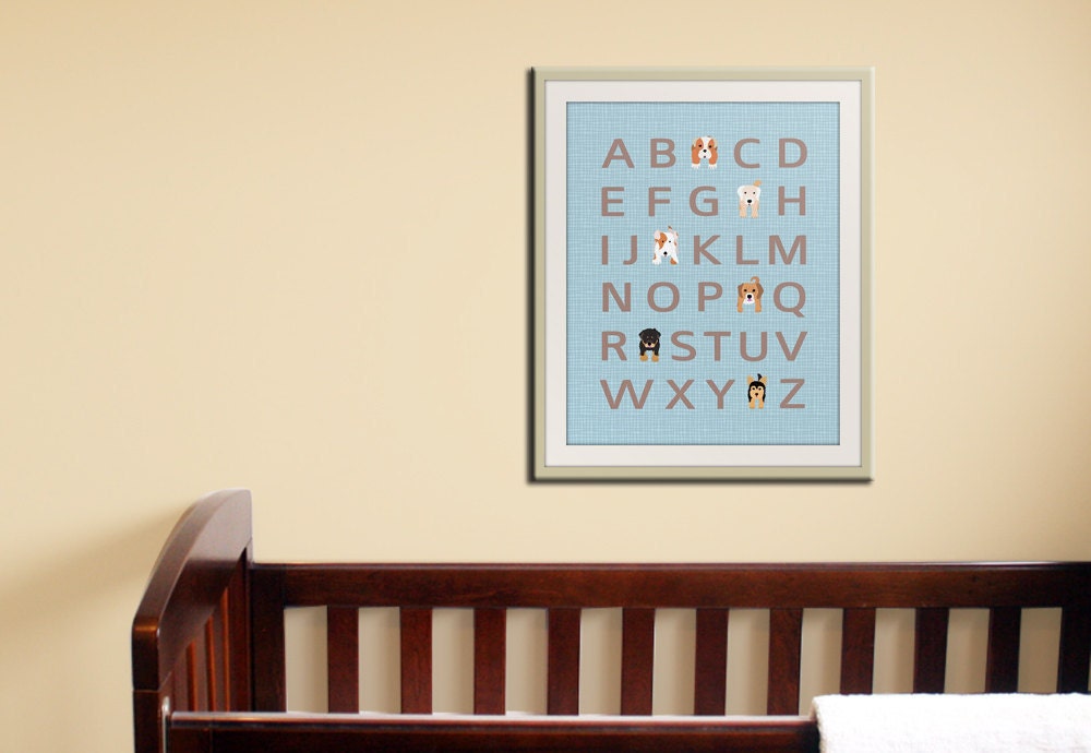 Dog alphabet nursery art for children. Typography alphabet print, dog art print for kids. Nursery decor, kids decor, 11x14 ABC print