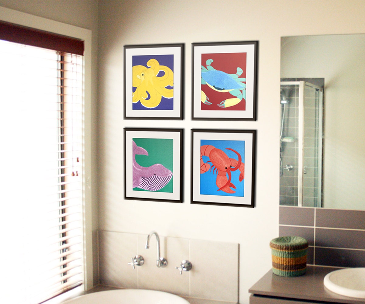 Bathroom art, bathroom prints. Kids bathroom children art. Baby nursery art. Underwater, sea creatures, beach. Four 8x10 prints by WallFry