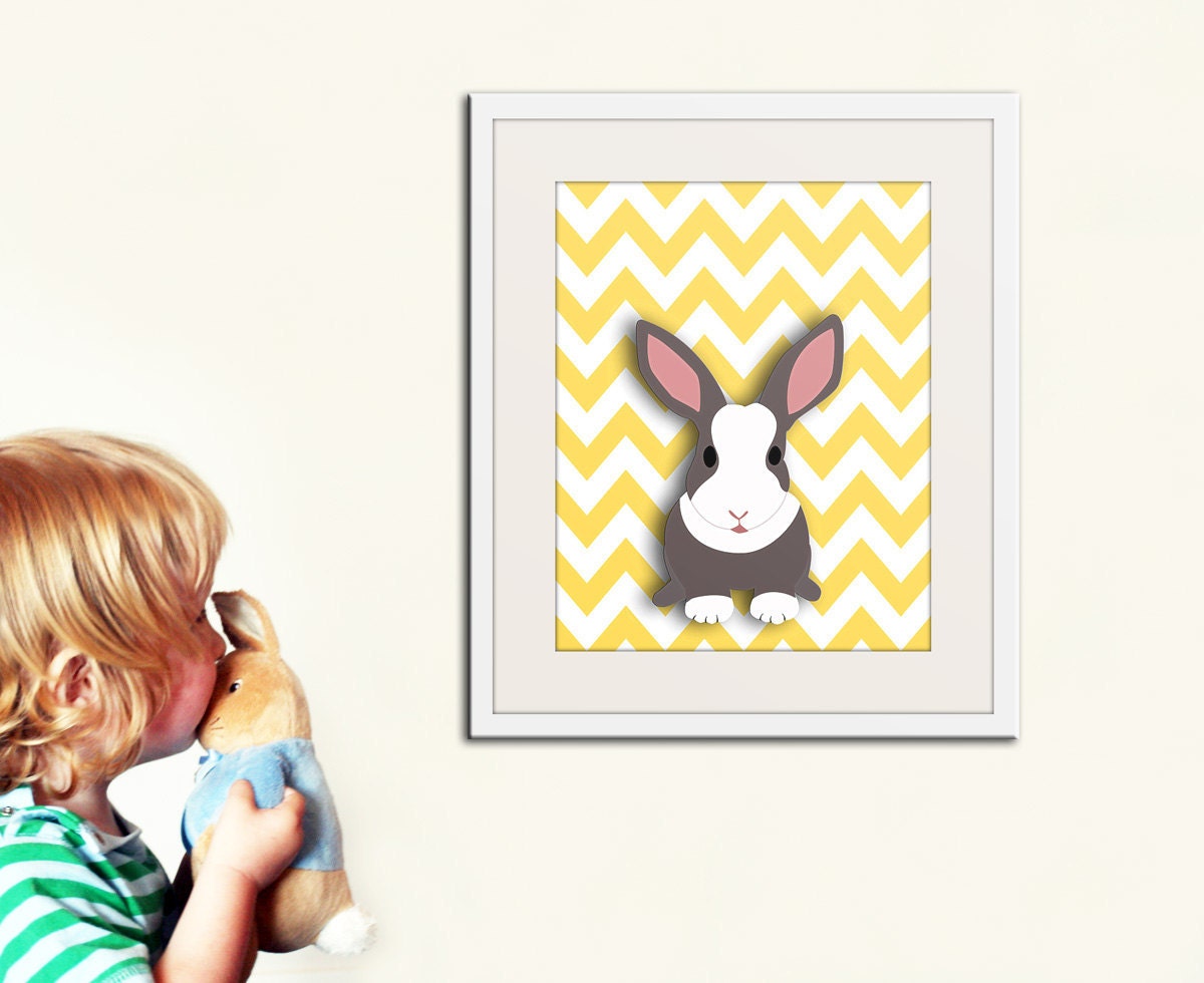 Woodland children spring print. Easter bunny rabbit on chevron background. Bright spring colors. 11x14 print by Wallfry