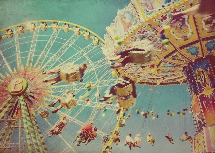 Carnival ride photo, swings, ferris wheel, fair, summer, circus, turquoise, nursery art, vintage, retro,  home decor, 5x7 fine art print