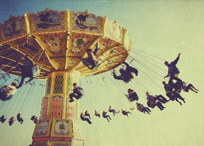 Carnival swings photo, swing, memories, fair, summer, circus, festival, turquoise, vintage, retro, home decor, 5x7 fine art print