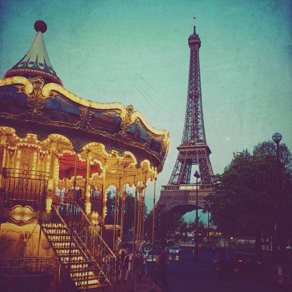 Paris Romantic Dreams - 4x4 fine art photo print featuring a carousel in Paris and the Eiffel Tower