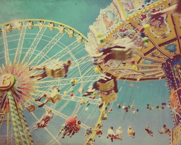 Carnival ride photo, swings, ferris wheel, summer holiday fun, turquoise, retro home decor 8x10 fine art print. Buy one get one free sale