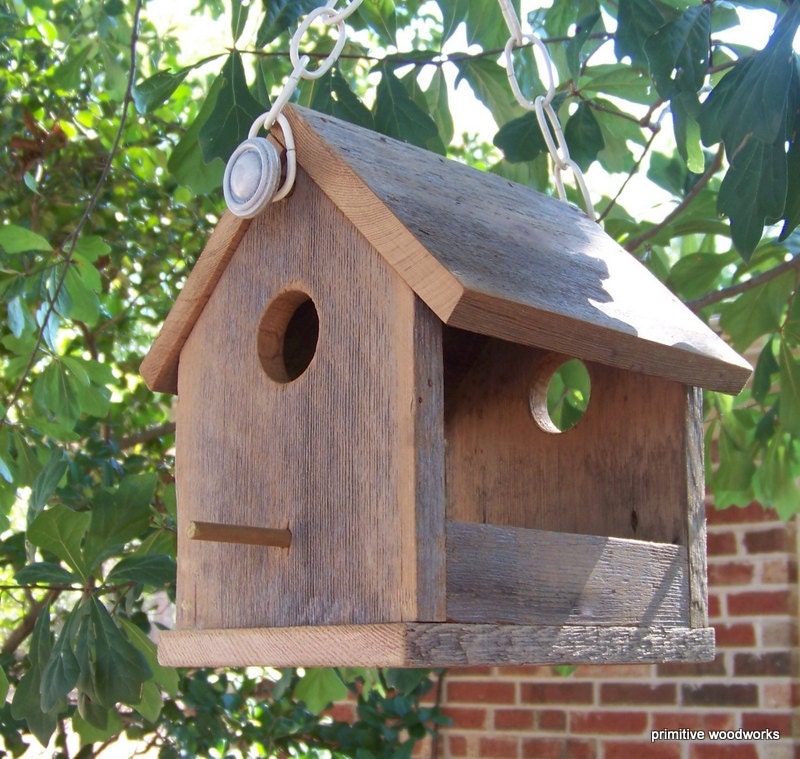 Wooden Bird House Bird Feeder, Recycled Reclaimed Natural Weathered 