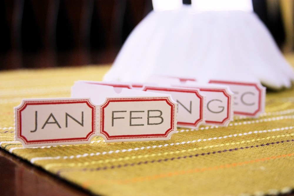Hand Stamped Monthly Tickets with Red Rim and Grey Letters - Set of 12