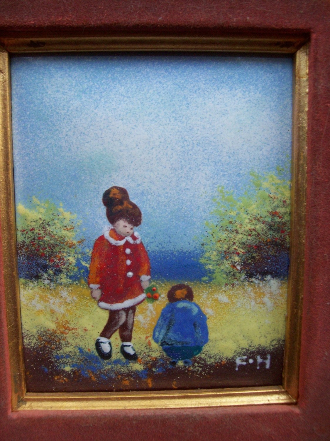 Vintage Enamel on Copper Painting of Two Children
