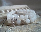 White Jade Stretch Bracelet Set with Pave and CZ accents Stackable Stretch Bracelets Summer White Bracelet