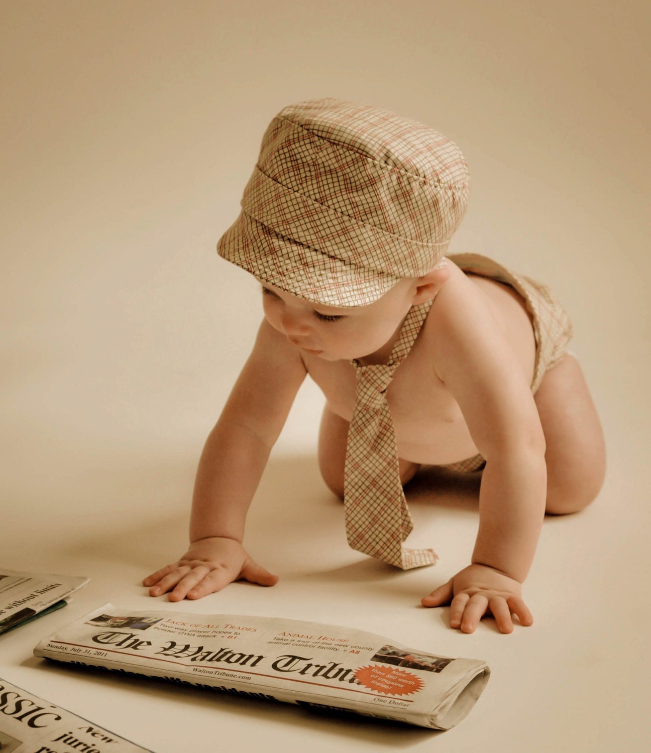 Baby Boy Newsboy hat Photo Props Brown Khaki Red fabric by Moda