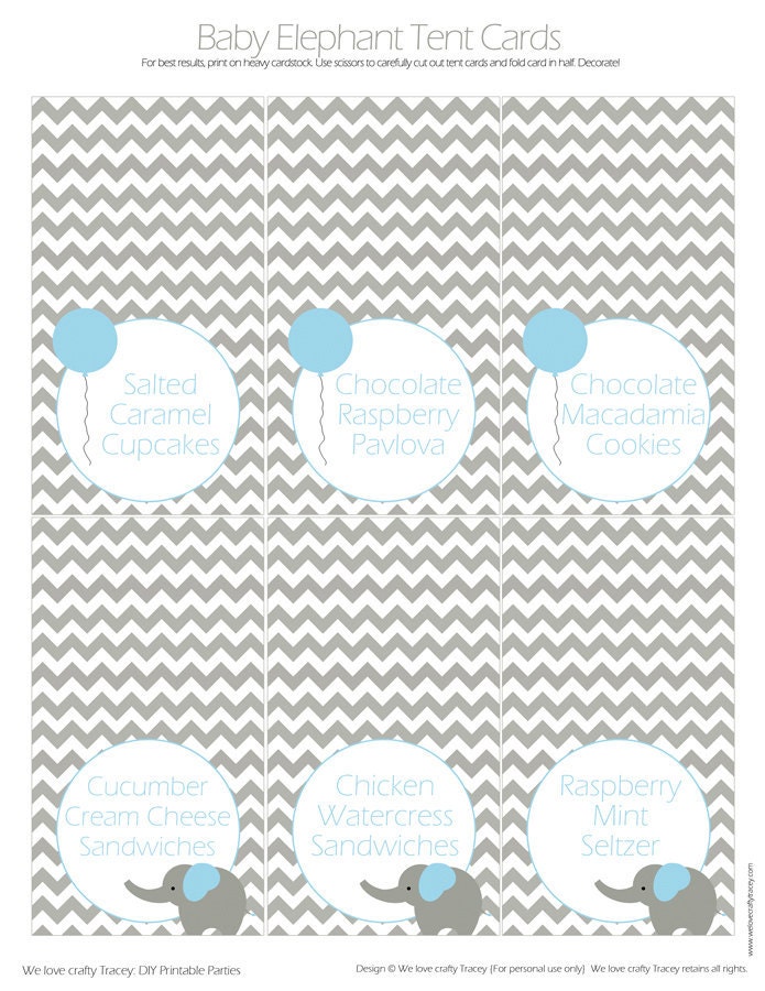 Baby Elephant Tent Cards BLUE - DIY Printable Parties