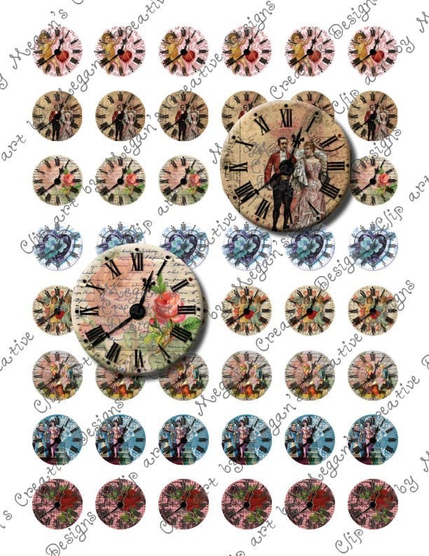 Vintage Clock Digital Collage Sheet Printable Unlimited Free Shipping Romantic Love 1 Inch Circles