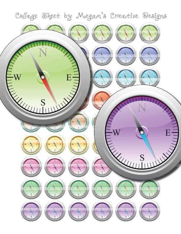 Colorful Compass Images 1 inch Circle  Graphics Digital Collage Sheet Printable Unlimited for Scrapbooking or Jewelry Making