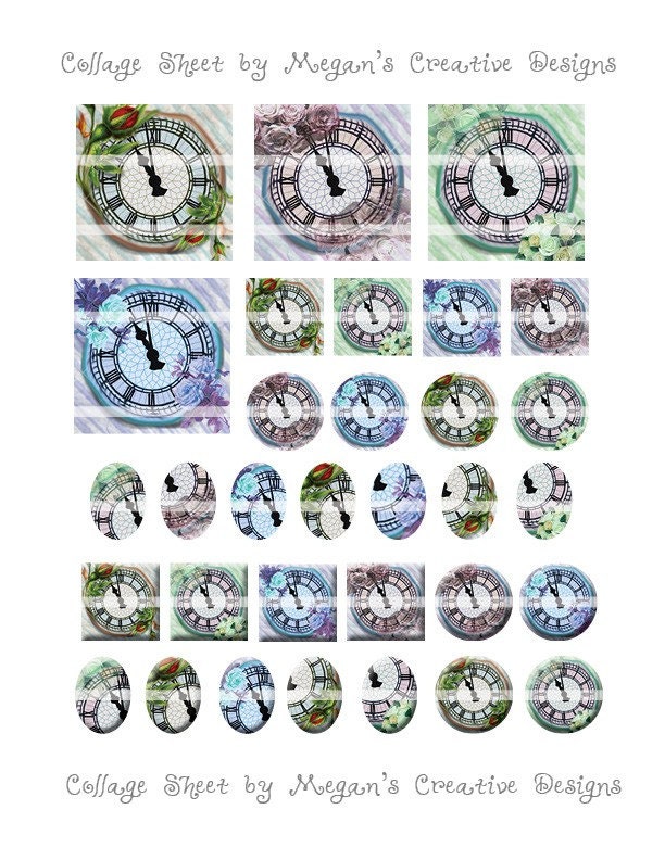 Vintage Floral Clocks Steampunk Digital Collage Sheet with Various Sizes 1 in, 2 in squares, 1 inch circles, 18 x 25 mm ovals
